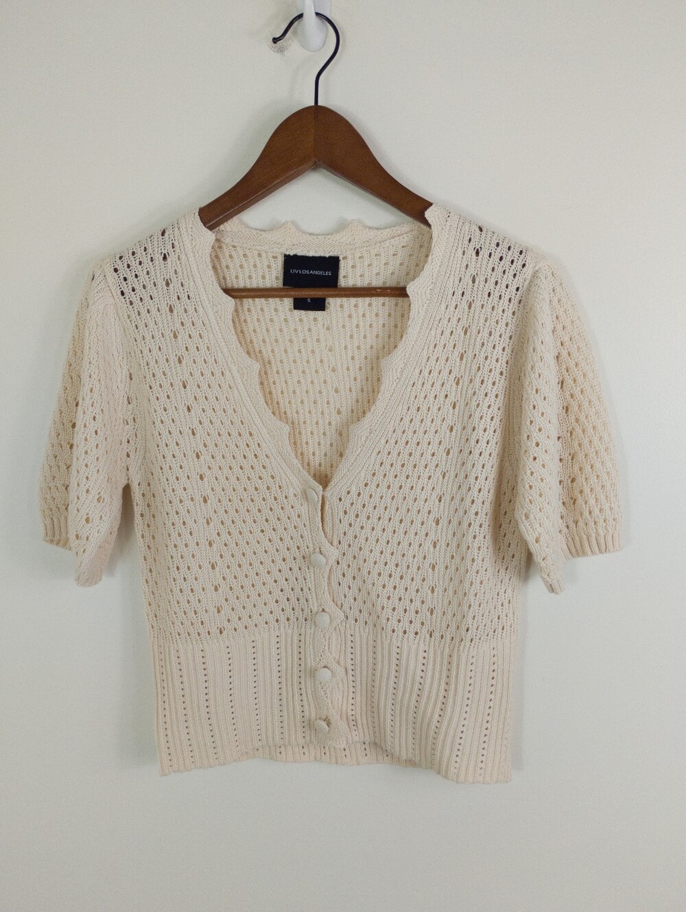 Liv Los Angeles Cream Open Knit Short Sleeve Cardigan Size Small